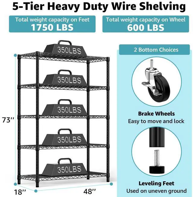 Alt view image 3 of 7 - M 5-Shelf Storage Shelves,Wire Shelving Heavy Duty Metal Storage Shelving Unit Adjustable Garage Shelving Rack Pantry Kitchen (Black, 5 Tier,17.7" D x 47.2" W x 76.7" H) (Pack of 2)