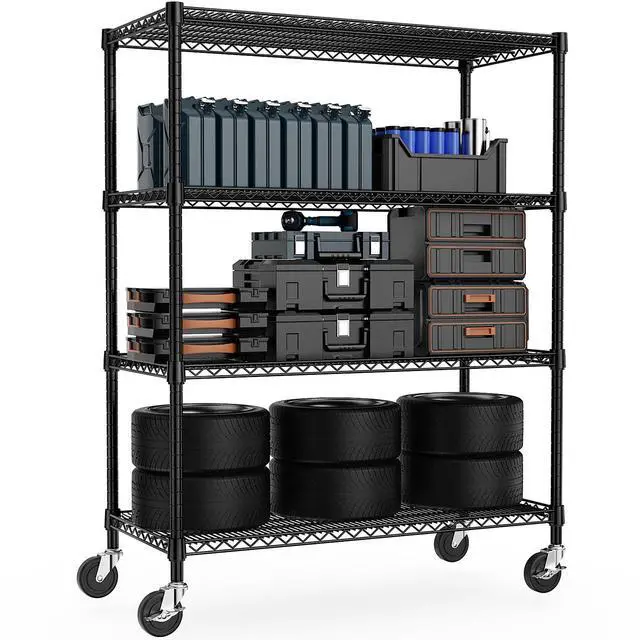 Main image of M 53" W Storage Shelves 1760LBS 4 Tier Metal Shelving Unit with Wheels Heavy Duty Garage Shelving Adjustable Wire Shelves for Pantry,Kitchen,Garage,Basement,Black 23.6" D x 53.2" W x 73.6" H