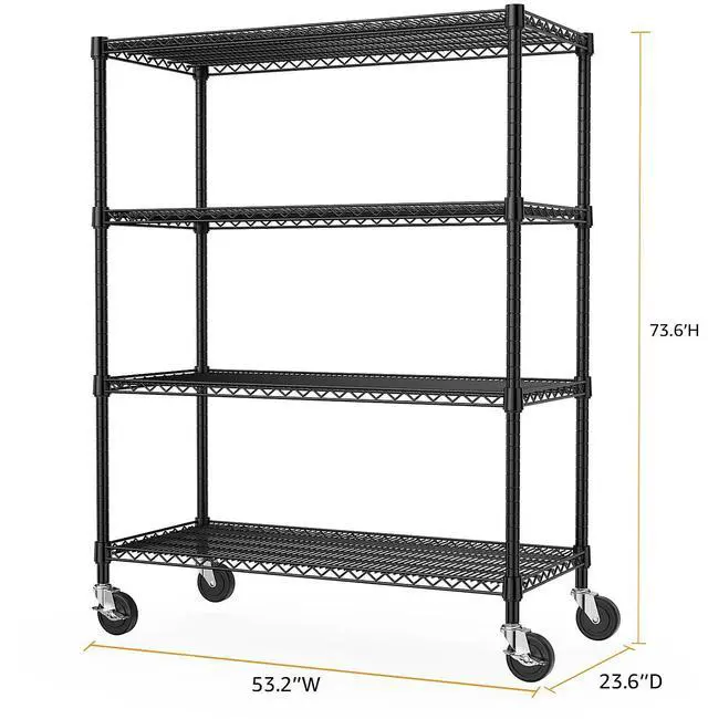 Alt view image 3 of 7 - M 53" W Storage Shelves 1760LBS 4 Tier Metal Shelving Unit with Wheels Heavy Duty Garage Shelving Adjustable Wire Shelves for Pantry,Kitchen,Garage,Basement,Black 23.6" D x 53.2" W x 73.6" H