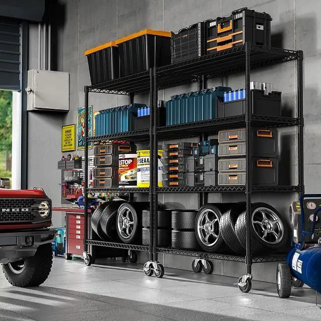 Alt view image 2 of 7 - M 53" W Storage Shelves 1760LBS 4 Tier Metal Shelving Unit with Wheels Heavy Duty Garage Shelving Adjustable Wire Shelves for Pantry,Kitchen,Garage,Basement,Black 23.6" D x 53.2" W x 73.6" H