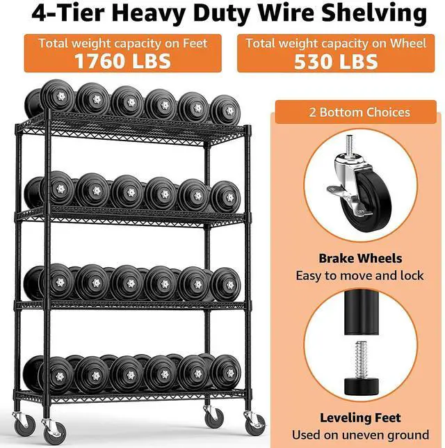 Alt view image 5 of 7 - M 53" W Storage Shelves 1760LBS 4 Tier Metal Shelving Unit with Wheels Heavy Duty Garage Shelving Adjustable Wire Shelves for Pantry,Kitchen,Garage,Basement,Black 23.6" D x 53.2" W x 73.6" H