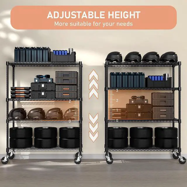Alt view image 6 of 7 - M 53" W Storage Shelves 1760LBS 4 Tier Metal Shelving Unit with Wheels Heavy Duty Garage Shelving Adjustable Wire Shelves for Pantry,Kitchen,Garage,Basement,Black 23.6" D x 53.2" W x 73.6" H