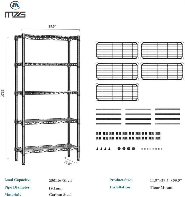 Alt view image 3 of 7 - M 1250 lbs 5 Tier Shelf Metal Storage Shelves Wire Rack Closet Organizers for Garage Kitchen Bathroom Laundry Black 11.8" D x 29.5" W x 59.5" H