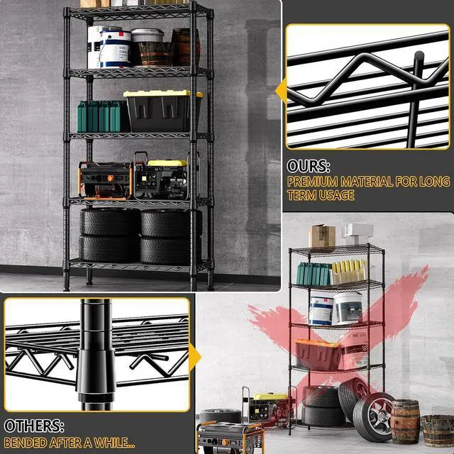 Alt view image 6 of 7 - M 1250 lbs 5 Tier Shelf Metal Storage Shelves Wire Rack Closet Organizers for Garage Kitchen Bathroom Laundry Black 11.8" D x 29.5" W x 59.5" H