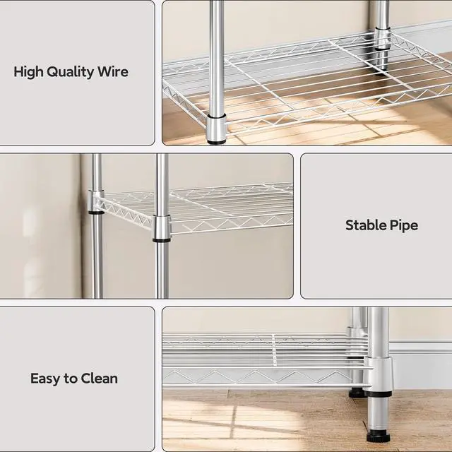 Alt view image 4 of 7 - M 4 Tiers Shelf Metal Storage Shelves Wire Rack Closet Organizers with Wheel for Garage Kitchen Bathroom Laundry Chrome 11.8" D x 17.7" W x 41.9" H