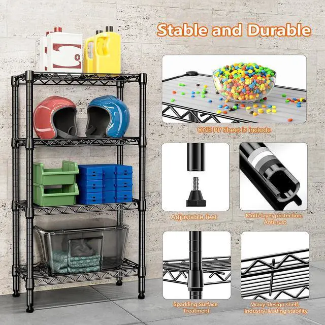 Alt view image 7 of 7 - M 1000 lbs 4 Tier Shelf Metal Storage Shelves Wire Rack Closet Organizers with PP Board for Garage Kitchen Bathroom Laundry Black 11.8" D x 21.7" W x 39.5" H