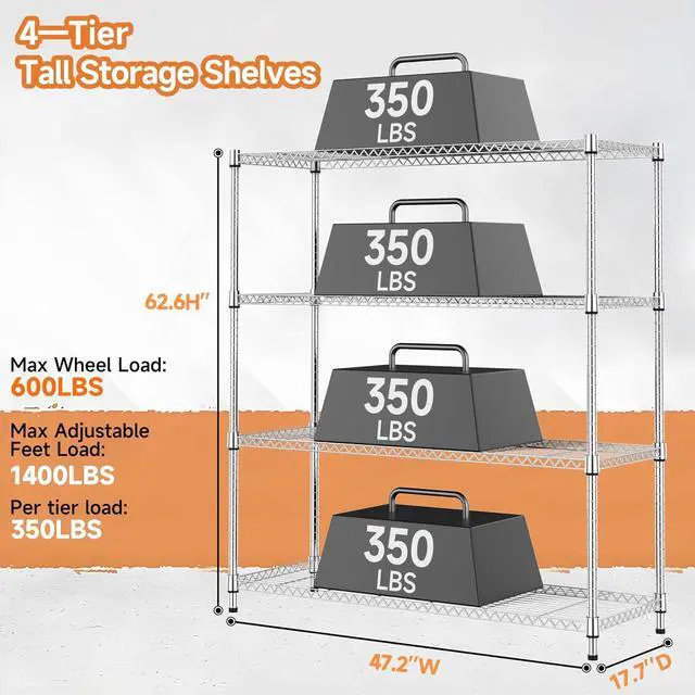 Alt view image 3 of 7 - M 4 Tiers Storage Shelves Load 1400LBS, Metal Shelving Wire Metal Shelving Unit Shelves for Storage Adjustable Garage Shelving for Pantry Kitchen Garage Chrome 17.7" D x 47.3" W x 62.7" H