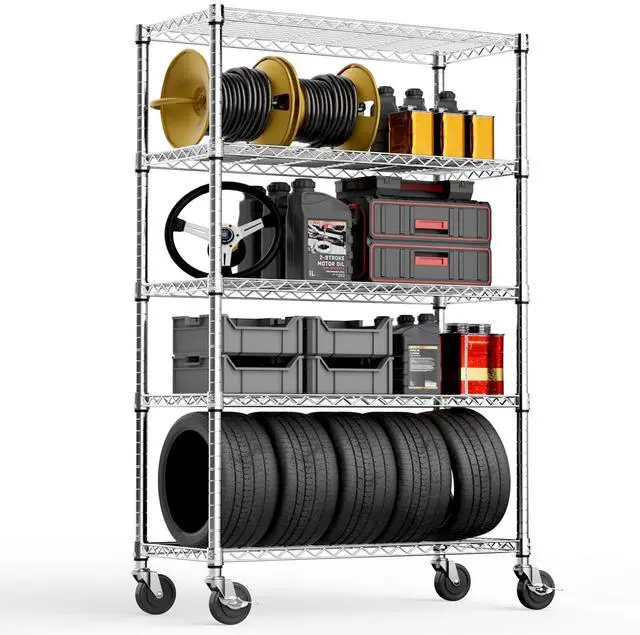 Alt view image 4 of 7 - 2 PCS Steel Storage Shelving 17.7" D x 47.2" W x 76.7" H, 5-Tier Utility Shelving Unit with Wheels, Steel Organizer Wire Rack for Home,Kitchen,Office,GarageChrome+Black