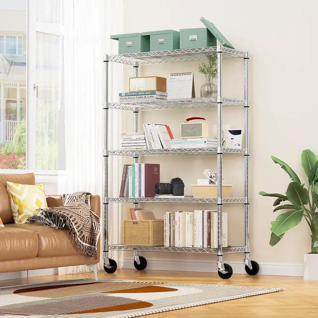 Alt view image 2 of 7 - 2 PCS Steel Storage Shelving 17.7" D x 47.2" W x 76.7" H, 5-Tier Utility Shelving Unit with Wheels, Steel Organizer Wire Rack for Home,Kitchen,Office,GarageChrome+Black