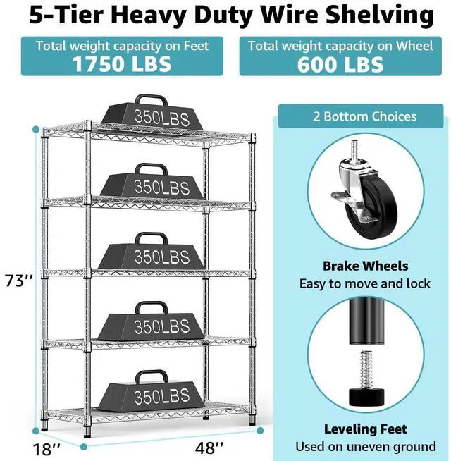 Alt view image 3 of 7 - M 5-Shelf Storage Shelves,Wire Shelving Heavy Duty Metal Storage Shelving Unit Adjustable Garage Shelving Rack Pantry Kitchen (Chrome, 5 Tier,17.7" D x 47.2" W x 76.7" H)