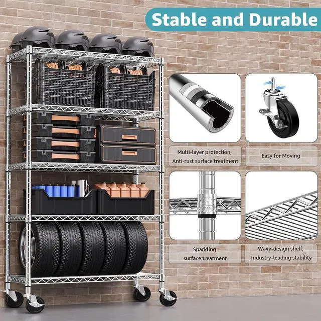 Alt view image 5 of 7 - M 5-Shelf Storage Shelves,Wire Shelving Heavy Duty Metal Storage Shelving Unit Adjustable Garage Shelving Rack Pantry Kitchen (Chrome, 5 Tier,17.7" D x 47.2" W x 76.7" H)