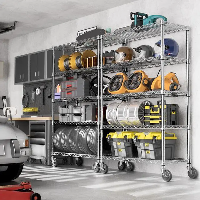 Alt view image 7 of 7 - M 2 PCS Steel Storage Shelving 5-Tier Utility Shelving Unit with Wheels, Steel Organizer Wire Rack for Home,Kitchen,Office,Garage