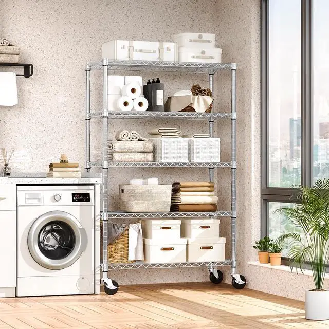 Alt view image 6 of 7 - M 2 PCS Steel Storage Shelving 5-Tier Utility Shelving Unit with Wheels, Steel Organizer Wire Rack for Home,Kitchen,Office,Garage