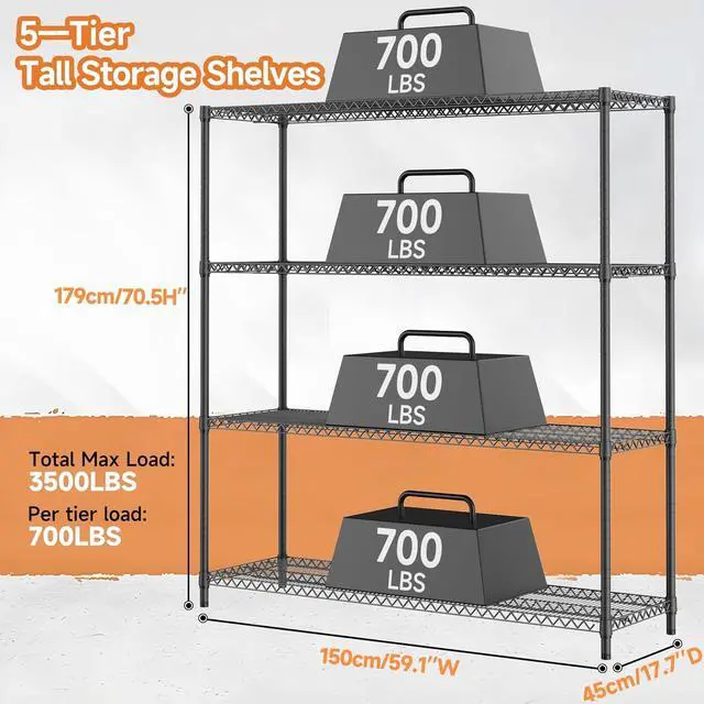 Alt view image 3 of 7 - M 2800LBS 59" W 4 Tiers Storage Shelves Load, Metal Shelving Wire Metal Shelving Unit Shelves for Storage Adjustable Garage Shelving for Pantry Kitchen Garage Black 17.7" D x 59.1" W x 70.4" H