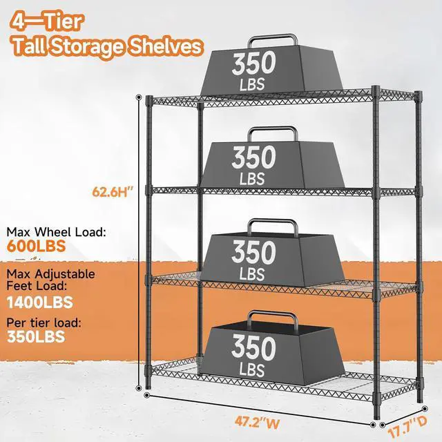 Alt view image 3 of 7 - M 4 Tiers Storage Shelves Load 1400LBS, Metal Shelving Wire Metal Shelving Unit Shelves for Storage Adjustable Garage Shelving for Pantry Kitchen Garage Black 17.7" D x 47.3" W x 62.7" H