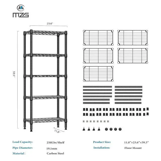 Alt view image 3 of 7 - M 1250 lbs 5 Tier Shelf Metal Storage Shelves Wire Rack Closet Organizers for Garage Kitchen Bathroom Laundry Black 11.8" D x 23.6" W x 59.5" H