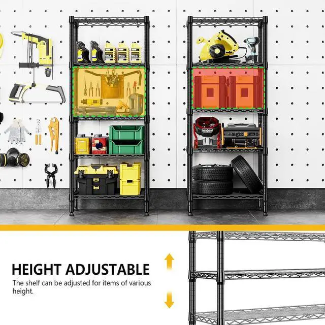 Alt view image 7 of 7 - M 1250 lbs 5 Tier Shelf Metal Storage Shelves Wire Rack Closet Organizers for Garage Kitchen Bathroom Laundry Black 11.8" D x 23.6" W x 59.5" H