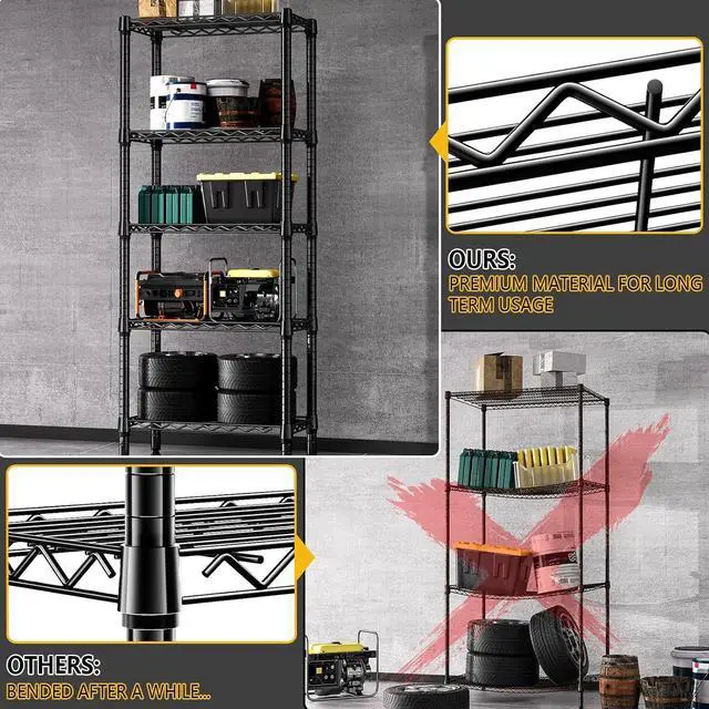 Alt view image 6 of 7 - M 1250 lbs 5 Tier Shelf Metal Storage Shelves Wire Rack Closet Organizers for Garage Kitchen Bathroom Laundry Black 11.8" D x 23.6" W x 59.5" H