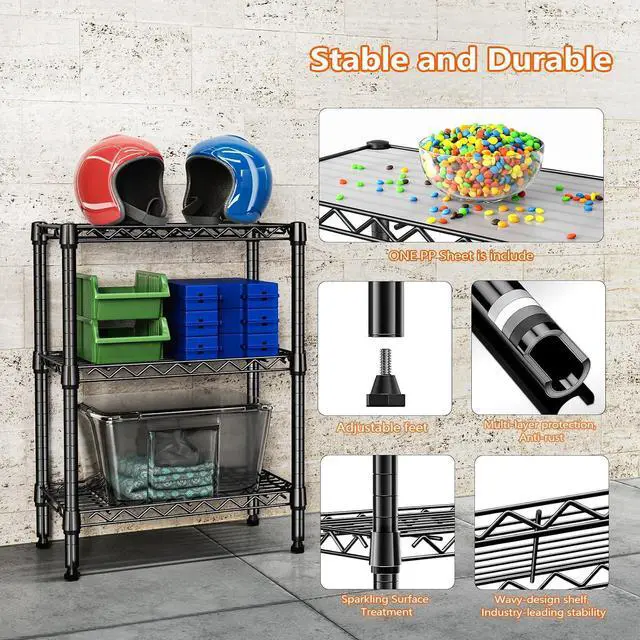 Alt view image 7 of 7 - M 750 lbs 3 Tier Shelf Metal Storage Shelves Wire Rack Closet Organizers with PP Board for Garage Kitchen Bathroom Laundry Black 11.8" D x 21.7" W x 28.6" H
