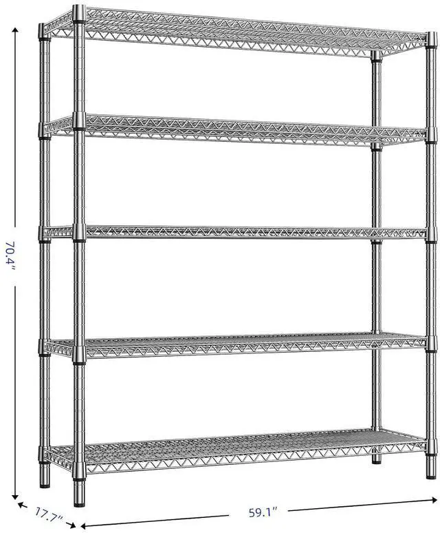 Alt view image 3 of 7 - M 3500LBS 59" W 5 Tier Storage Shelves Rack Metal Wire Shelving Unit, Storage Standing Shelf Organizer for Laundry Bathroom Kitchen Pantry Closet Garage, Chrome 17.7" D x 59.1" W x 70.4" H
