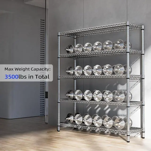 Alt view image 6 of 7 - M 3500LBS 59" W 5 Tier Storage Shelves Rack Metal Wire Shelving Unit, Storage Standing Shelf Organizer for Laundry Bathroom Kitchen Pantry Closet Garage, Chrome 17.7" D x 59.1" W x 70.4" H