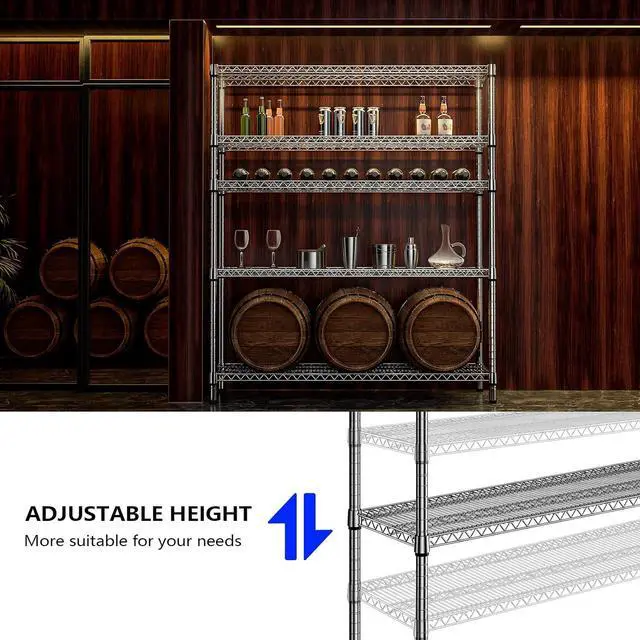 Alt view image 5 of 7 - M 3500LBS 59" W 5 Tier Storage Shelves Rack Metal Wire Shelving Unit, Storage Standing Shelf Organizer for Laundry Bathroom Kitchen Pantry Closet Garage, Chrome 17.7" D x 59.1" W x 70.4" H