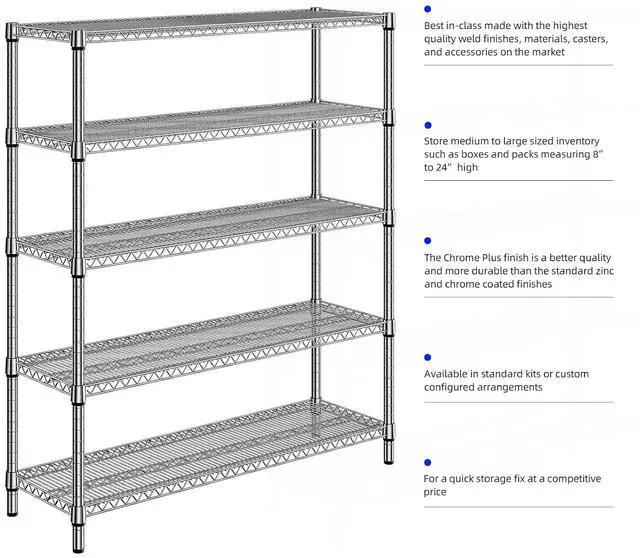 Alt view image 7 of 7 - M 3500LBS 59" W 5 Tier Storage Shelves Rack Metal Wire Shelving Unit, Storage Standing Shelf Organizer for Laundry Bathroom Kitchen Pantry Closet Garage, Chrome 17.7" D x 59.1" W x 70.4" H