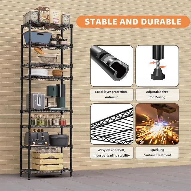 Alt view image 6 of 7 - M 8 Tier 2000 lbs Storage Rack Metal Wire Shelving Unit, Storage Standing Shelf Organizer for Laundry Bathroom Kitchen Pantry Closet Garage Basement Utility Room, Black 13.8" D x 23.6" W x 79.5" H