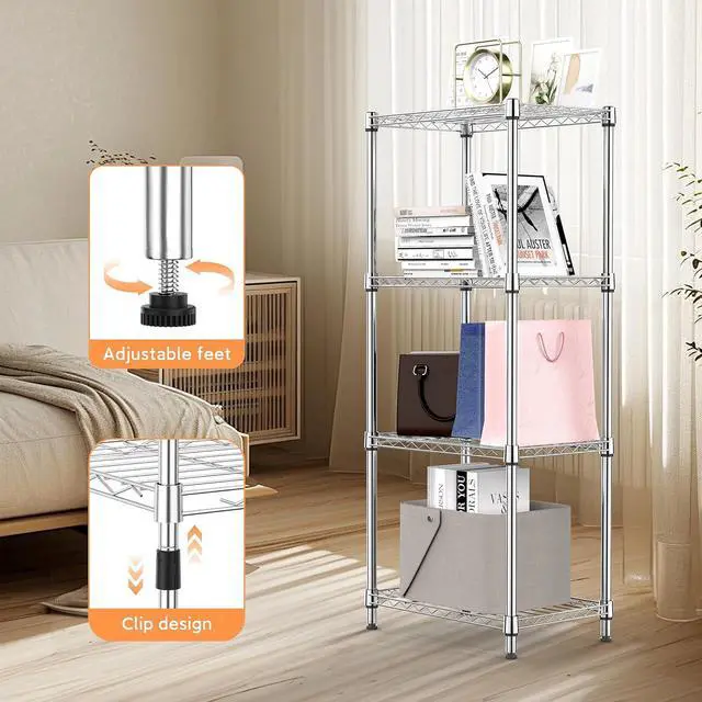 Alt view image 5 of 7 - M 4 Tiers Shelf Metal Storage Shelves Wire Rack Closet Organizers with Wheel for Garage Kitchen Bathroom Laundry Chrome 11.8" D x 17.7" W x 41.9" H