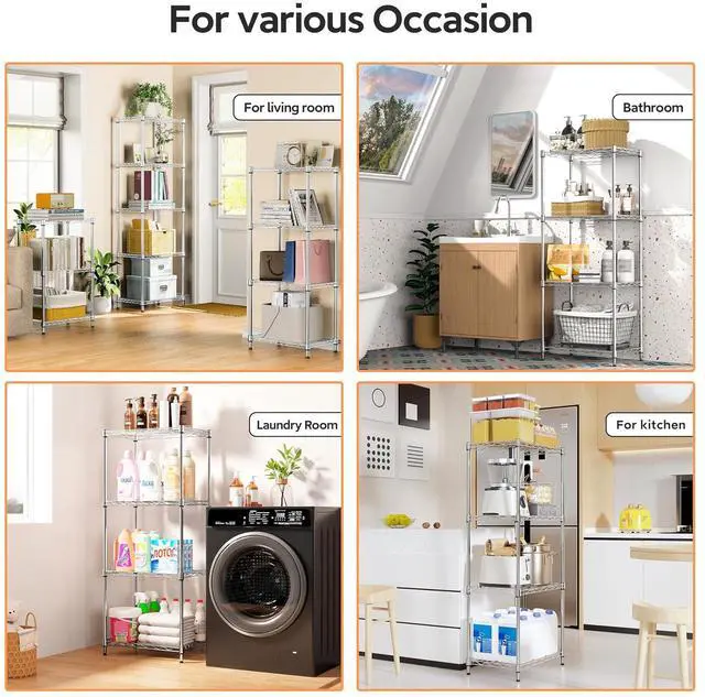 Alt view image 6 of 7 - M 4 Tiers Shelf Metal Storage Shelves Wire Rack Closet Organizers with Wheel for Garage Kitchen Bathroom Laundry Chrome 11.8" D x 17.7" W x 41.9" H