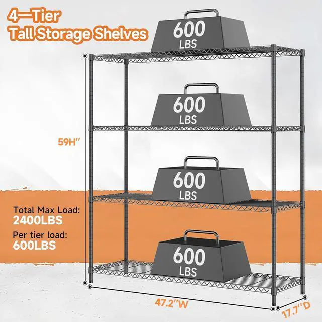Alt view image 3 of 6 - M 2400LBS 47.3" W Stand Shelf Wire Rust-Proof Outdoor Storage Shelving 4-Tier Utility Shelving Unit for Garden Home,Kitchen,Office Dark Grey 17.7" D x 47.3" W x 59.4" H