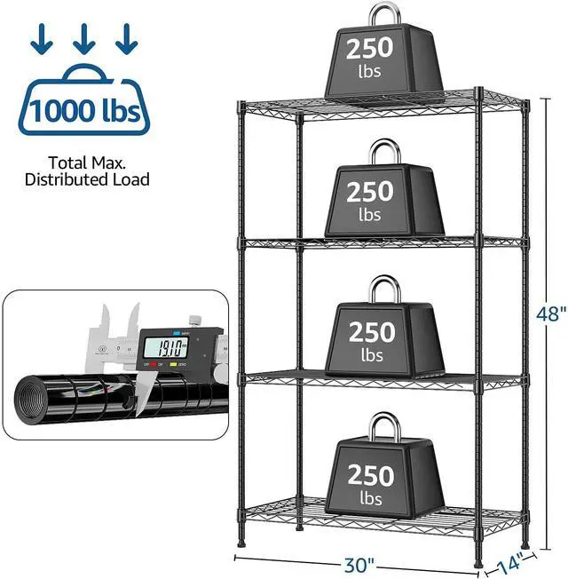 Alt view image 3 of 7 - M 1000 lbs 4Tier Shelf Metal Storage Shelves Wire Rack Closet Organizers for Garage Kitchen Bathroom Laundry Black 13.7" D x 29.5" W x 47.2" H