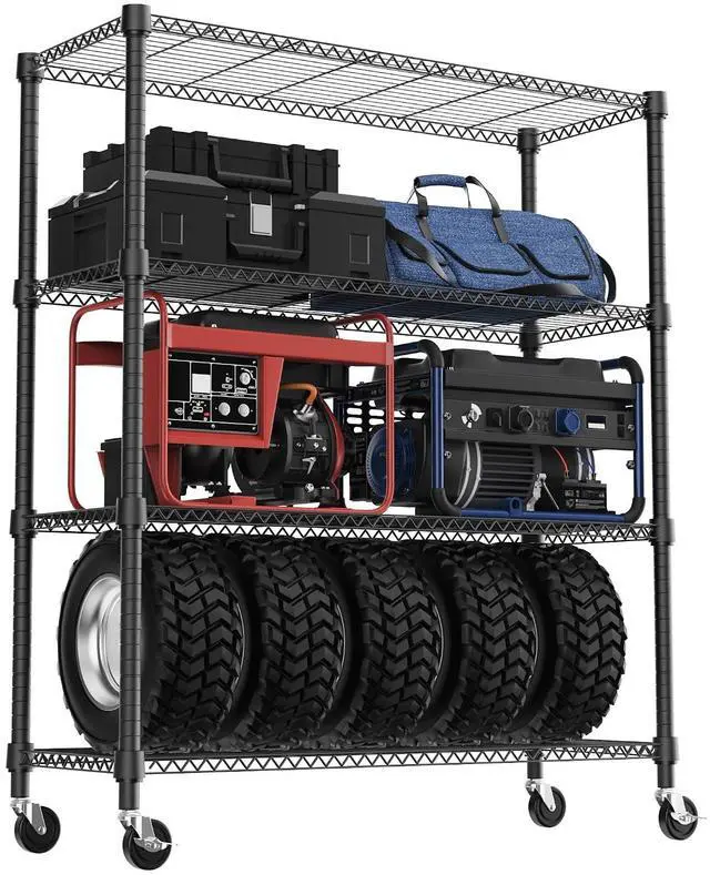 Main image of M 1400LBS 47.2" W 4 Tiers Storage Shelves Metal Shelving Unit with Wheels Heavy Duty Garage Shelving Adjustable Wire Shelves for Pantry,Kitchen,Garage,Basement,Black 17.7" D x 47.2" W x 62.7" H