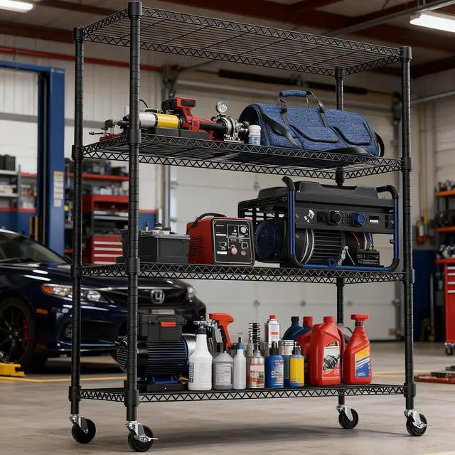Alt view image 2 of 7 - M 1400LBS 47.2" W 4 Tiers Storage Shelves Metal Shelving Unit with Wheels Heavy Duty Garage Shelving Adjustable Wire Shelves for Pantry,Kitchen,Garage,Basement,Black 17.7" D x 47.2" W x 62.7" H