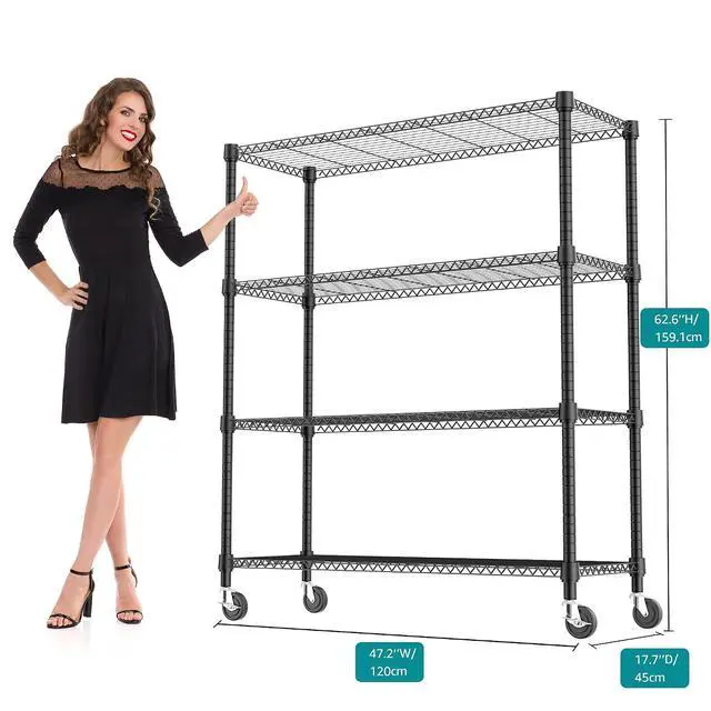 Alt view image 3 of 7 - M 1400LBS 47.2" W 4 Tiers Storage Shelves Metal Shelving Unit with Wheels Heavy Duty Garage Shelving Adjustable Wire Shelves for Pantry,Kitchen,Garage,Basement,Black 17.7" D x 47.2" W x 62.7" H