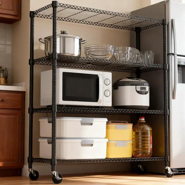 Alt view image 6 of 7 - M 1400LBS 47.2" W 4 Tiers Storage Shelves Metal Shelving Unit with Wheels Heavy Duty Garage Shelving Adjustable Wire Shelves for Pantry,Kitchen,Garage,Basement,Black 17.7" D x 47.2" W x 62.7" H