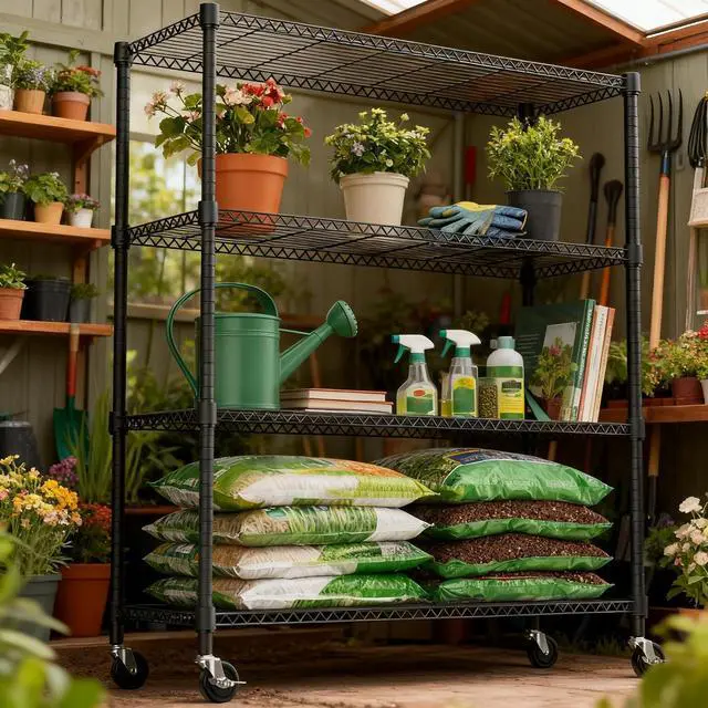 Alt view image 7 of 7 - M 1400LBS 47.2" W 4 Tiers Storage Shelves Metal Shelving Unit with Wheels Heavy Duty Garage Shelving Adjustable Wire Shelves for Pantry,Kitchen,Garage,Basement,Black 17.7" D x 47.2" W x 62.7" H