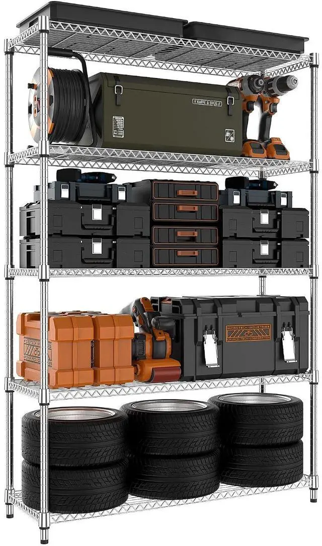 Main image of 1750 lbs 5 Tier Storage Rack Metal Wire Shelving Unit, Storage Standing Household Shelf Organizer for Kitchen Pantry Closet Garage Basement Utility Room, Chrome 15.7" D x 45.3" W x 70.4" H
