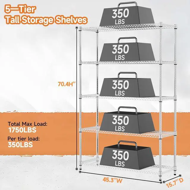 Alt view image 3 of 7 - 1750 lbs 5 Tier Storage Rack Metal Wire Shelving Unit, Storage Standing Household Shelf Organizer for Kitchen Pantry Closet Garage Basement Utility Room, Chrome 15.7" D x 45.3" W x 70.4" H