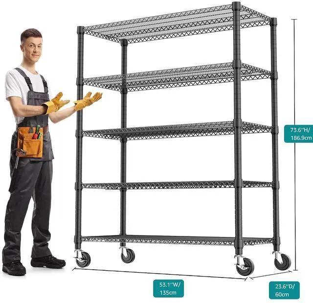 Alt view image 3 of 7 - M 3300LBS 53.1" W 5 Tiers Shelf Steel Storage Shelving Utility Shelving Unit Steel Organizer Wire Rack for Home,Kitchen,Office,Garage Black 23.6" D x 53.1" W x 73.6" H