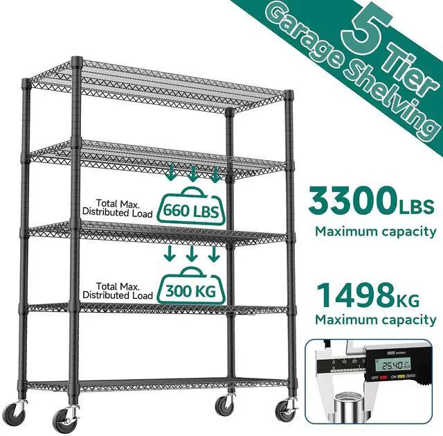 Alt view image 4 of 7 - M 3300LBS 53.1" W 5 Tiers Shelf Steel Storage Shelving Utility Shelving Unit Steel Organizer Wire Rack for Home,Kitchen,Office,Garage Black 23.6" D x 53.1" W x 73.6" H