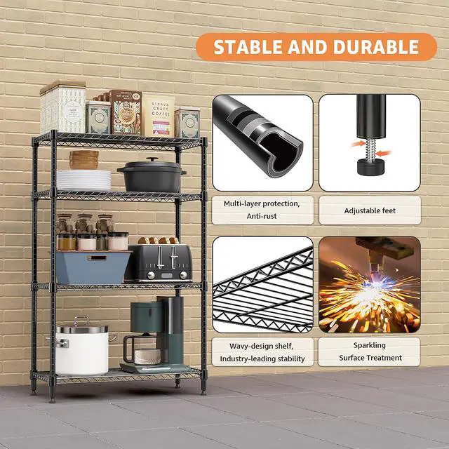 Alt view image 5 of 7 - M 1400 lbs 4 Tier Storage Rack Metal Wire Shelving Unit, Storage Standing Household Shelf Organizer for Kitchen Pantry Closet Garage Basement Utility Room, Black 15.8" D x 45.3" W x 59.4" H