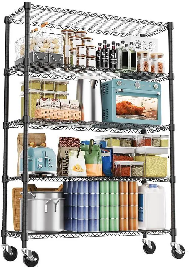 Main image of M 1750LBS 47.2" W 5 Tiers Storage Shelves Metal Shelving Unit with Wheels Heavy Duty Garage Shelving Adjustable Wire Shelves for Pantry,Kitchen,Garage,Basement,Black 17.7" D x 47.2" W x 76.8" H
