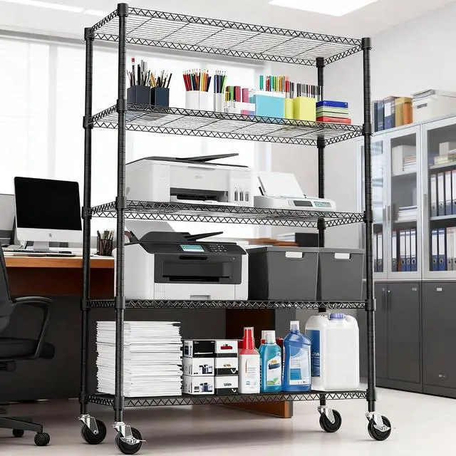 Alt view image 2 of 7 - M 1750LBS 47.2" W 5 Tiers Storage Shelves Metal Shelving Unit with Wheels Heavy Duty Garage Shelving Adjustable Wire Shelves for Pantry,Kitchen,Garage,Basement,Black 17.7" D x 47.2" W x 76.8" H