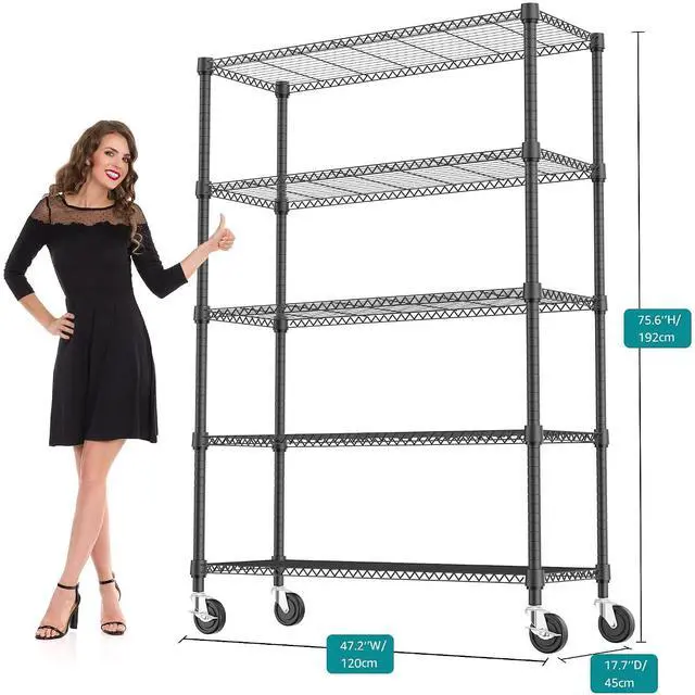 Alt view image 3 of 7 - M 1750LBS 47.2" W 5 Tiers Storage Shelves Metal Shelving Unit with Wheels Heavy Duty Garage Shelving Adjustable Wire Shelves for Pantry,Kitchen,Garage,Basement,Black 17.7" D x 47.2" W x 76.8" H