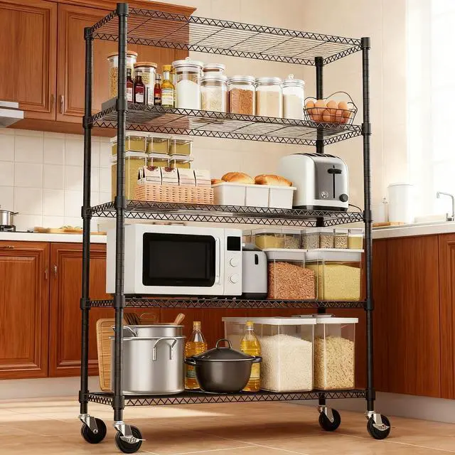 Alt view image 5 of 7 - M 1750LBS 47.2" W 5 Tiers Storage Shelves Metal Shelving Unit with Wheels Heavy Duty Garage Shelving Adjustable Wire Shelves for Pantry,Kitchen,Garage,Basement,Black 17.7" D x 47.2" W x 76.8" H