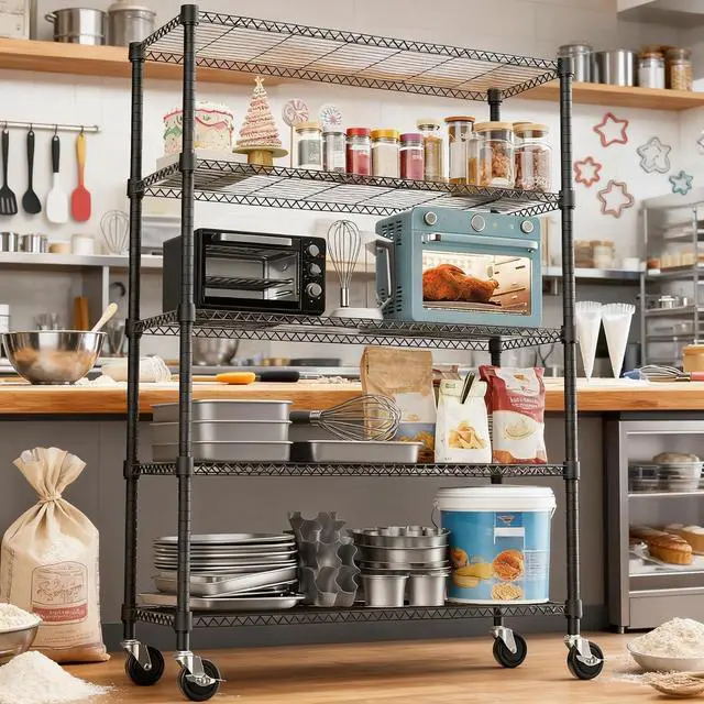 Alt view image 6 of 7 - M 1750LBS 47.2" W 5 Tiers Storage Shelves Metal Shelving Unit with Wheels Heavy Duty Garage Shelving Adjustable Wire Shelves for Pantry,Kitchen,Garage,Basement,Black 17.7" D x 47.2" W x 76.8" H