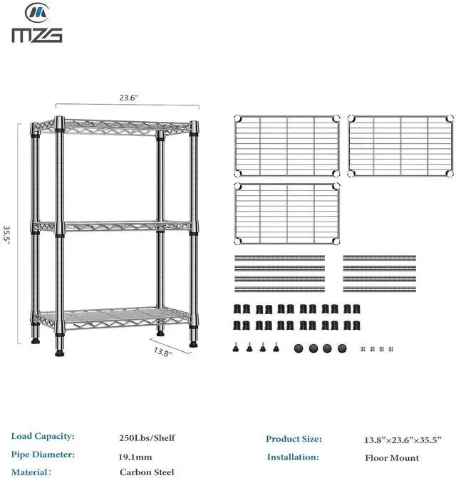 Alt view image 3 of 7 - M 750 lbs 3 Tier Shelf Metal Storage Shelves Shelving Wire Rack Heavy Duty Closet Organizers for Garage Kitchen Bathroom Laundry Chrome 13.8" D x 23.6" W x 35.5" H