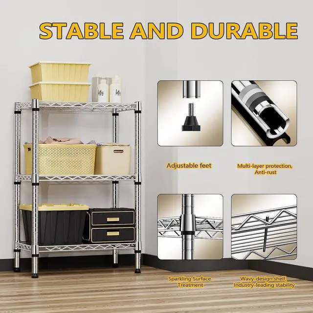 Alt view image 7 of 7 - M 750 lbs 3 Tier Shelf Metal Storage Shelves Shelving Wire Rack Heavy Duty Closet Organizers for Garage Kitchen Bathroom Laundry Chrome 13.8" D x 23.6" W x 35.5" H