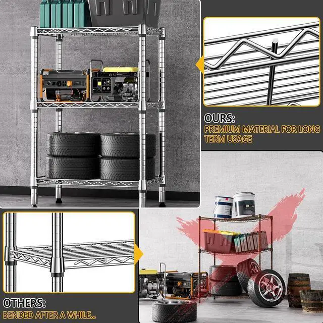 Alt view image 6 of 7 - M 750 lbs 3 Tier Shelf Metal Storage Shelves Shelving Wire Rack Heavy Duty Closet Organizers for Garage Kitchen Bathroom Laundry Chrome 13.8" D x 23.6" W x 35.5" H